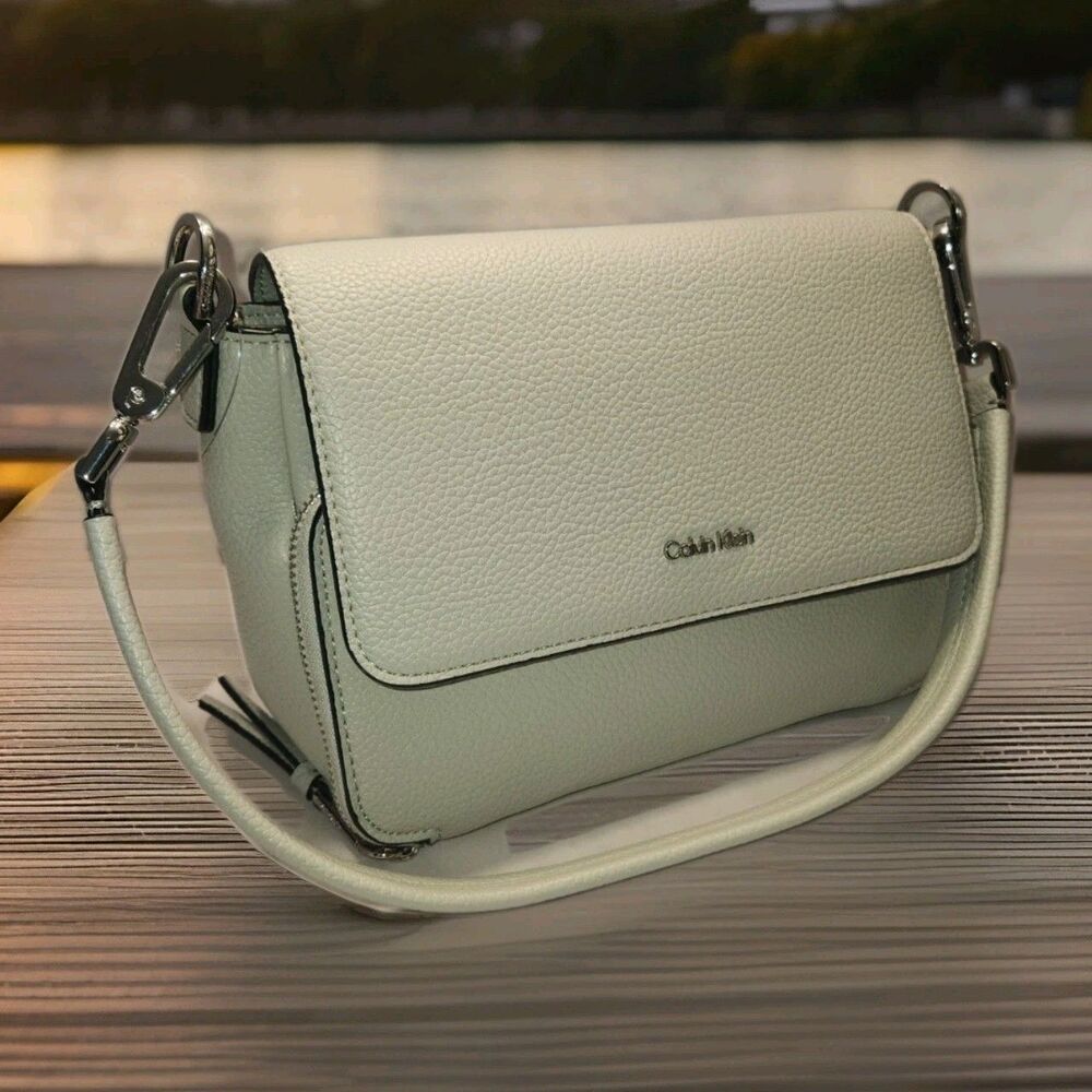 Calvin Klein Denver Shoulder Bag Vegan Pebbled Leather Gray White